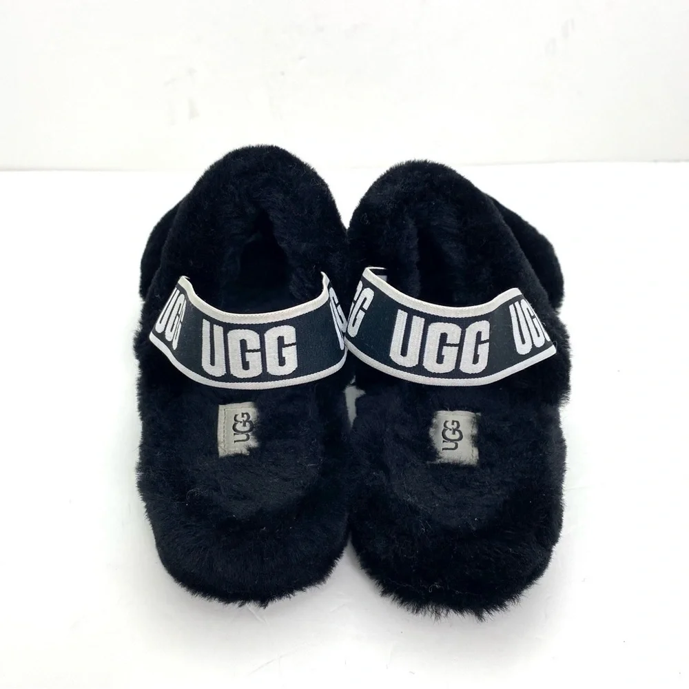 Ugg Oh Yeah Fur Double Strap Flat Sandals In Black Size 10